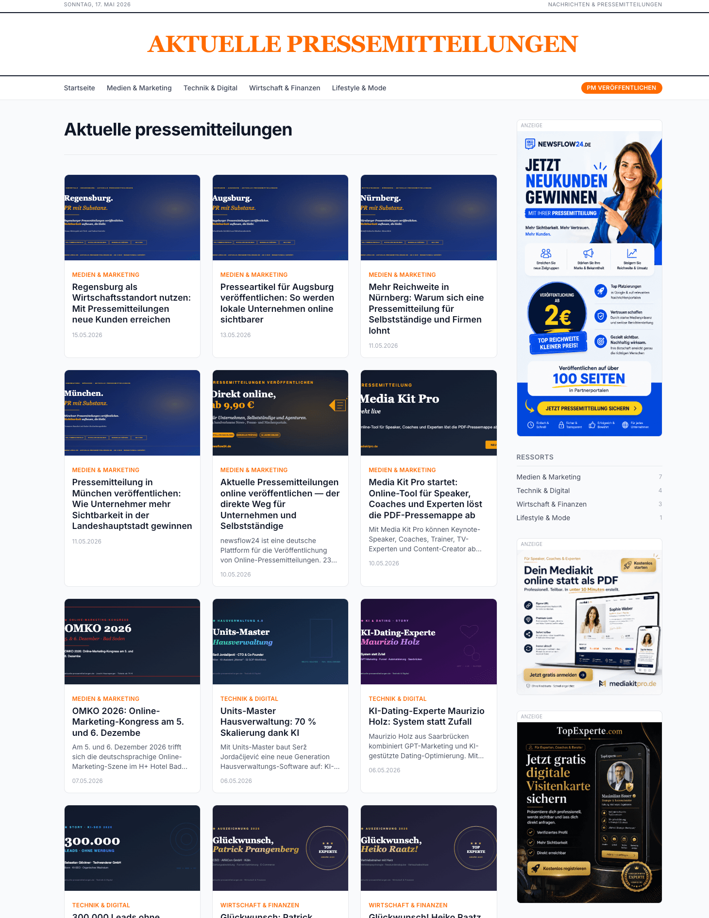 Beispiel: Drei Sidebar-Werbeplätze auf einem newsflow24-Themenportal — newsflow24-Promo oben (Slot 1), mediakitpro in der Mitte (Slot 2), TopExperte unten (Slot 3).